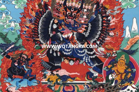 沃唐卡·觉蝉印坊微喷唐卡编号ZC71180：大威德金刚格鲁派四大护法吉祥本尊供养图