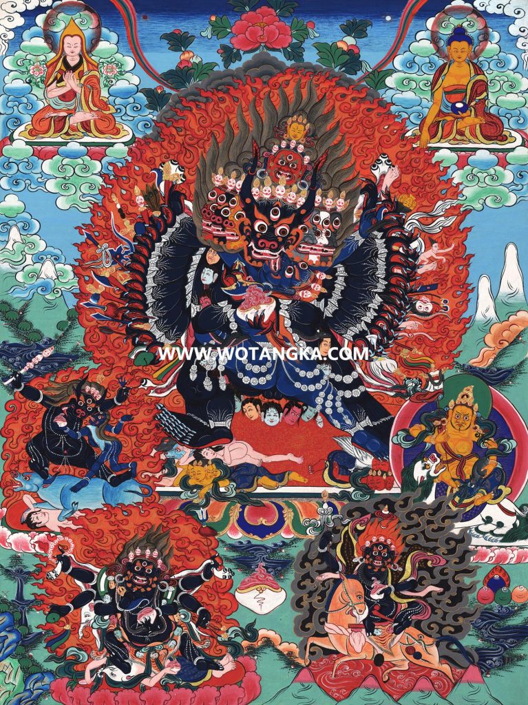 沃唐卡·觉蝉印坊微喷唐卡编号ZC71180：大威德金刚格鲁派四大护法吉祥本尊供养图