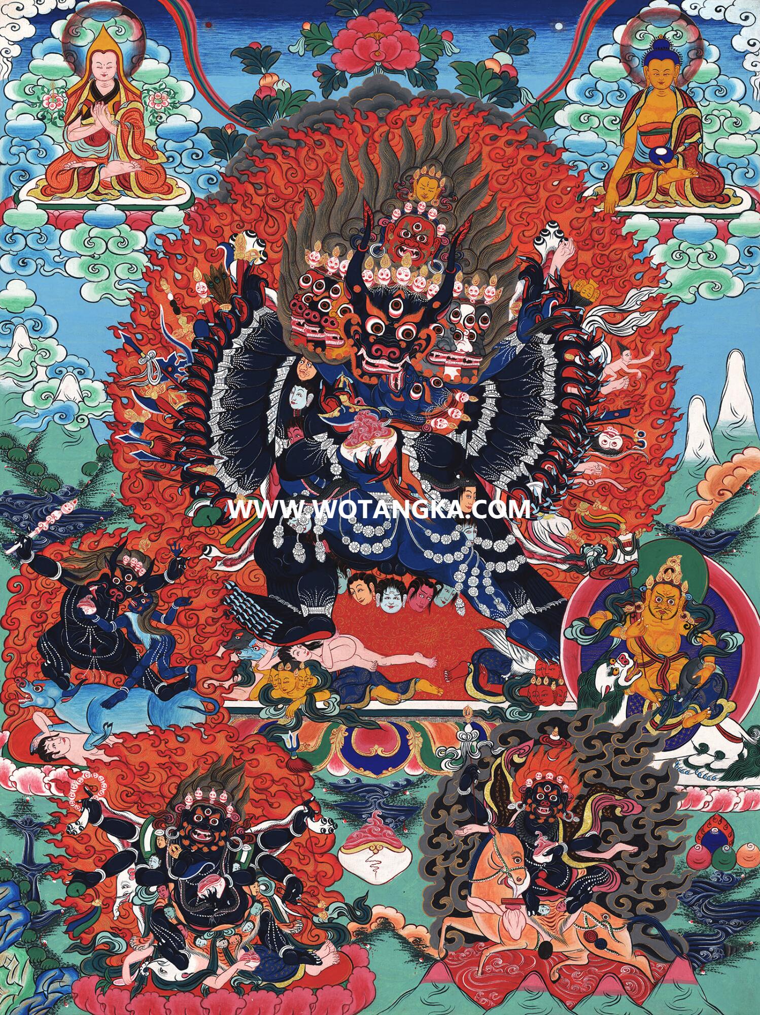 沃唐卡·觉蝉印坊微喷唐卡编号ZC71180：大威德金刚格鲁派四大护法吉祥本尊供养图