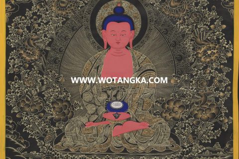 沃唐卡·觉蝉印坊微喷唐卡编号ZC71184：阿弥陀佛天界三本师吉祥平安供养图