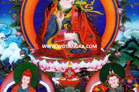 沃唐卡·觉蝉印坊微喷唐卡编号ZC71189：莲花生大师师君三尊吉祥本供养图