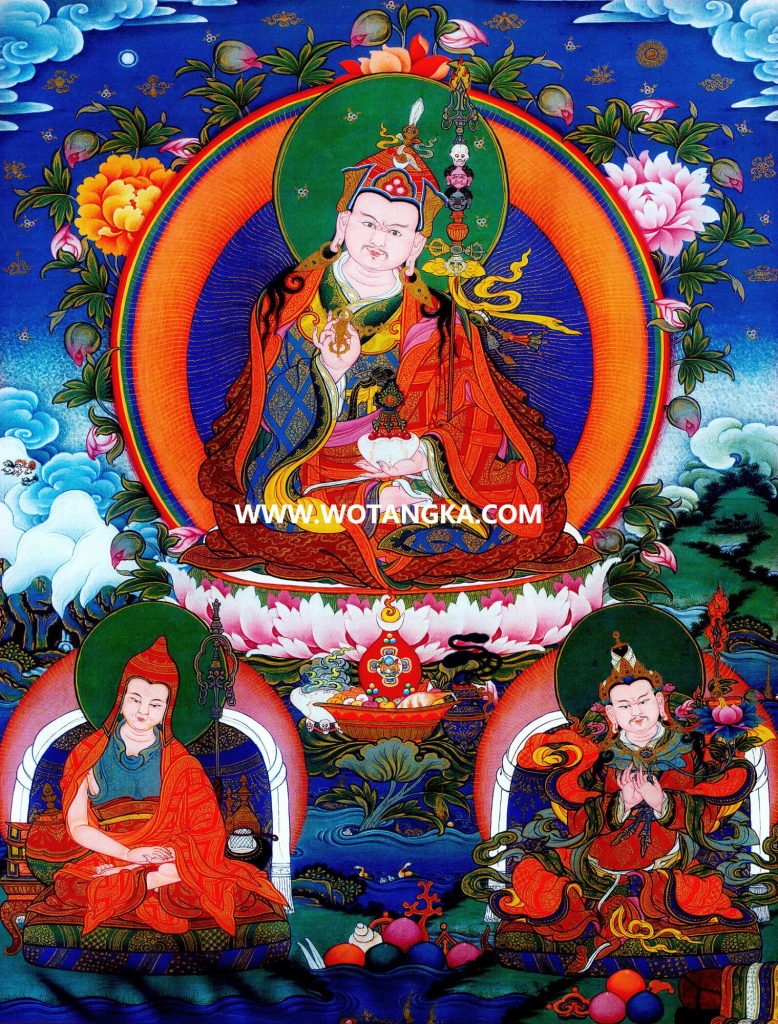 沃唐卡·觉蝉印坊微喷唐卡编号ZC71189：莲花生大师师君三尊吉祥本供养图