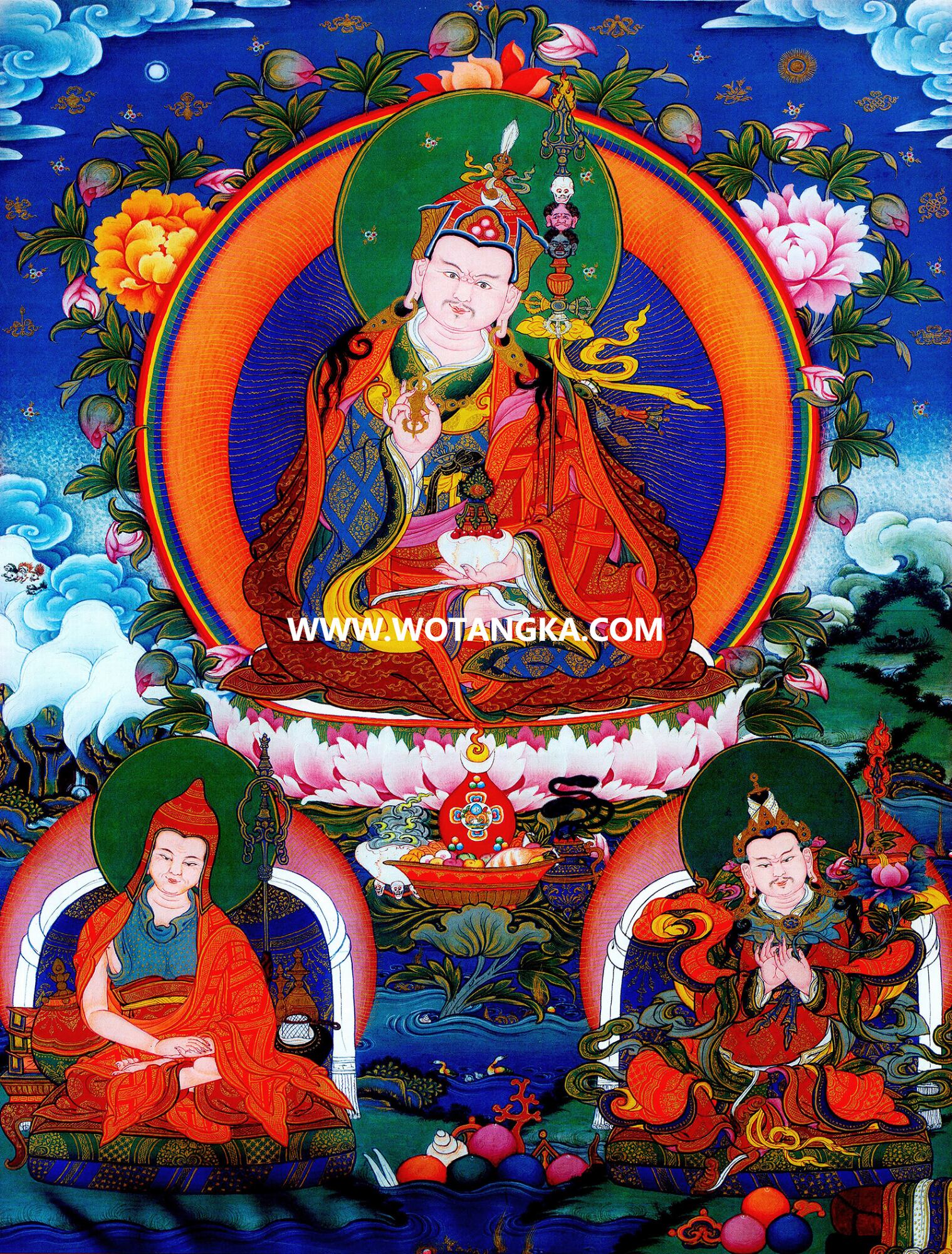 沃唐卡·觉蝉印坊微喷唐卡编号ZC71189：莲花生大师师君三尊吉祥本供养图