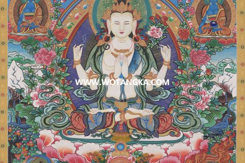 沃唐卡·觉蝉印坊微喷唐卡编号ZC71191：四臂观音三怙主天界五佛吉祥平安供养图