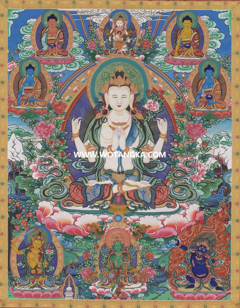 沃唐卡·觉蝉印坊微喷唐卡编号ZC71191：四臂观音三怙主天界五佛吉祥平安供养图