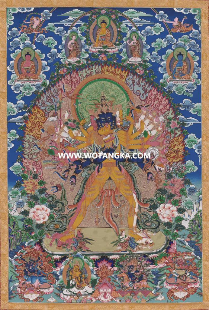 沃唐卡·觉蝉印坊微喷唐卡编号ZC71193：时轮金刚天界三世佛四大护法吉祥本尊供养图