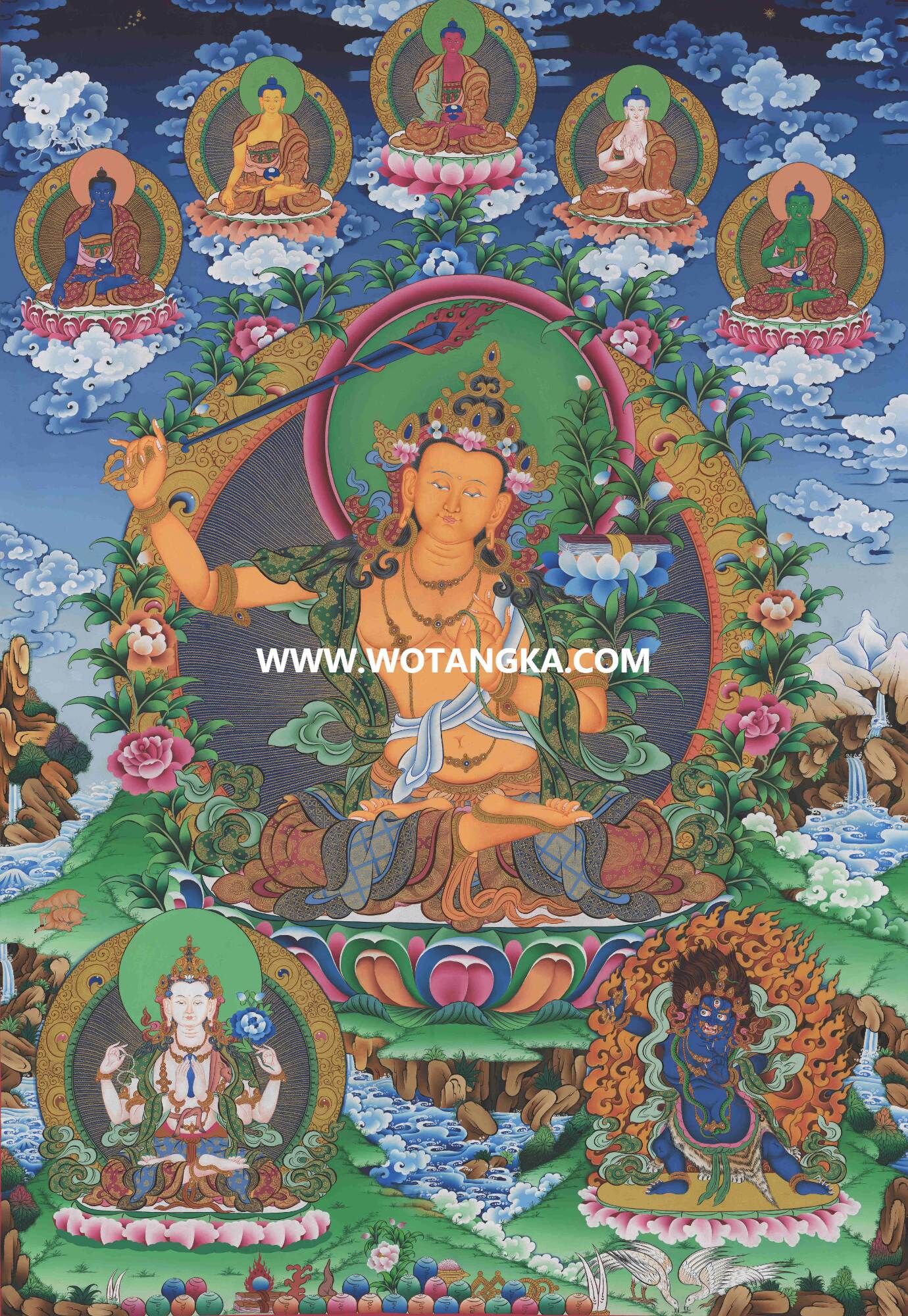 沃唐卡·觉蝉印坊微喷唐卡编号ZC71197：文殊菩萨三怙主天界五佛吉祥智慧供养图